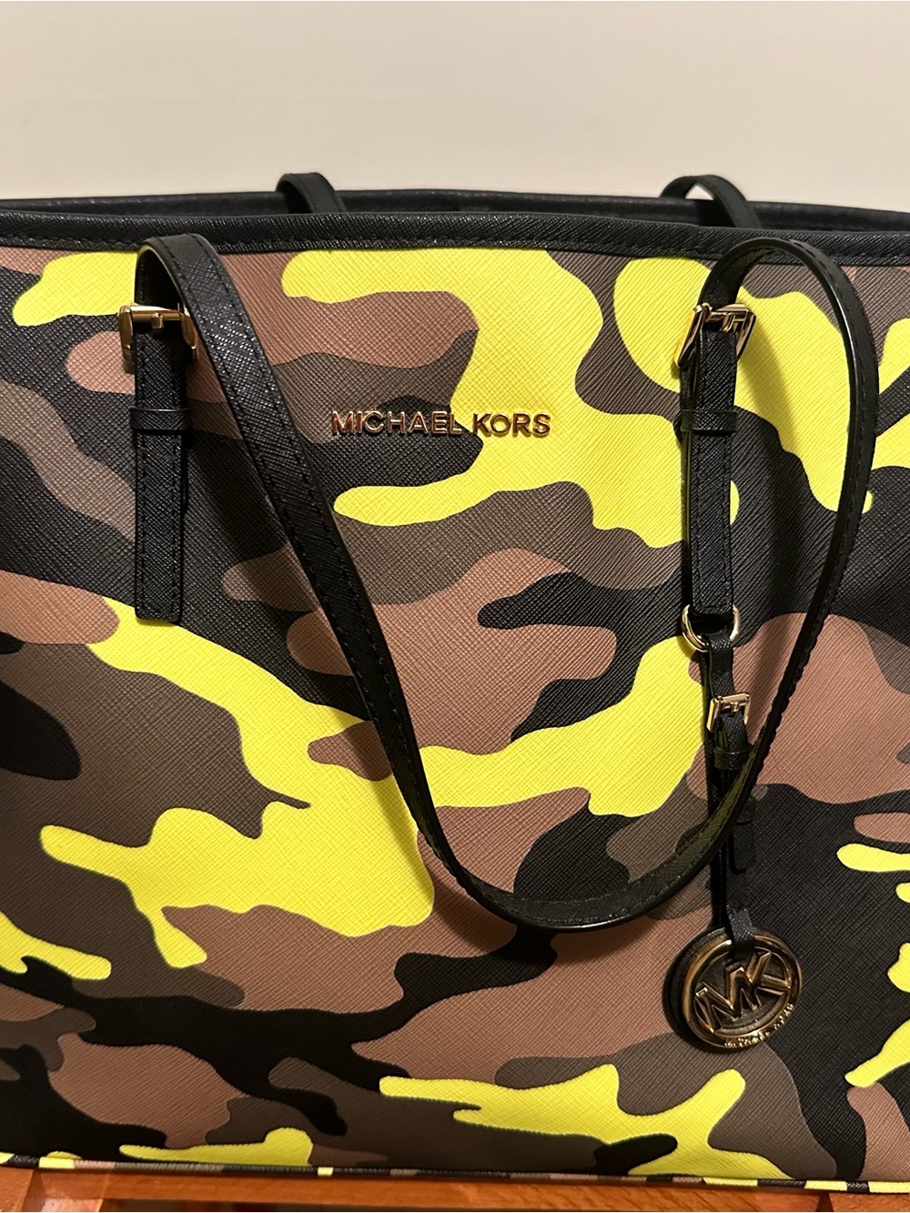 Michael Kors Neon Yellow & Brown Camo Tote with Black Straps & matching wallet
